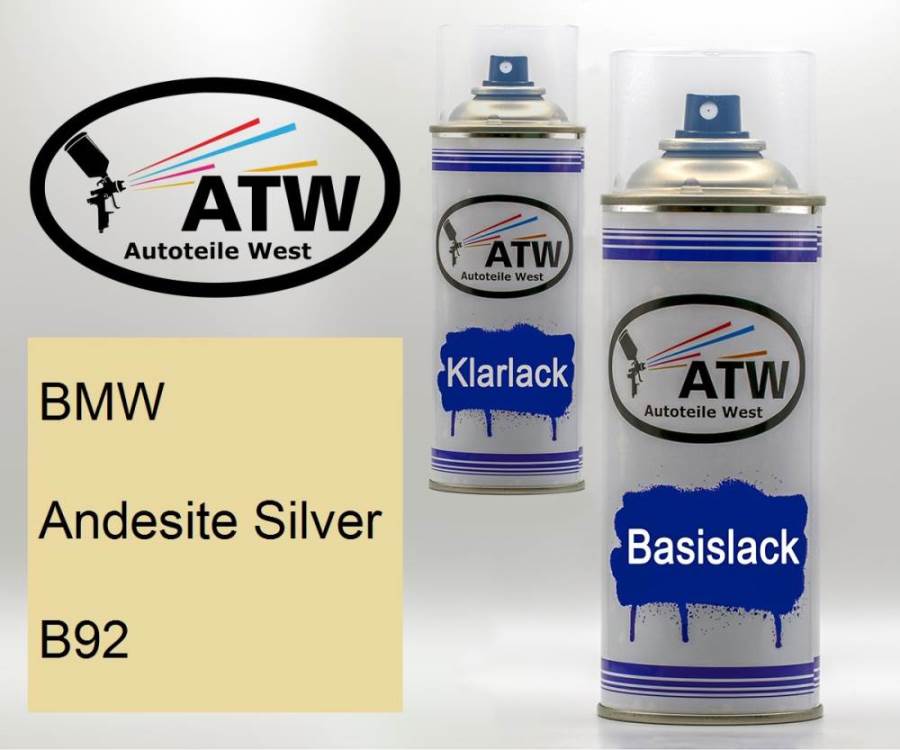 BMW, Andesite Silver, B92: 400ml Sprühdose + 400ml Klarlack - Set, von ATW Autoteile West.